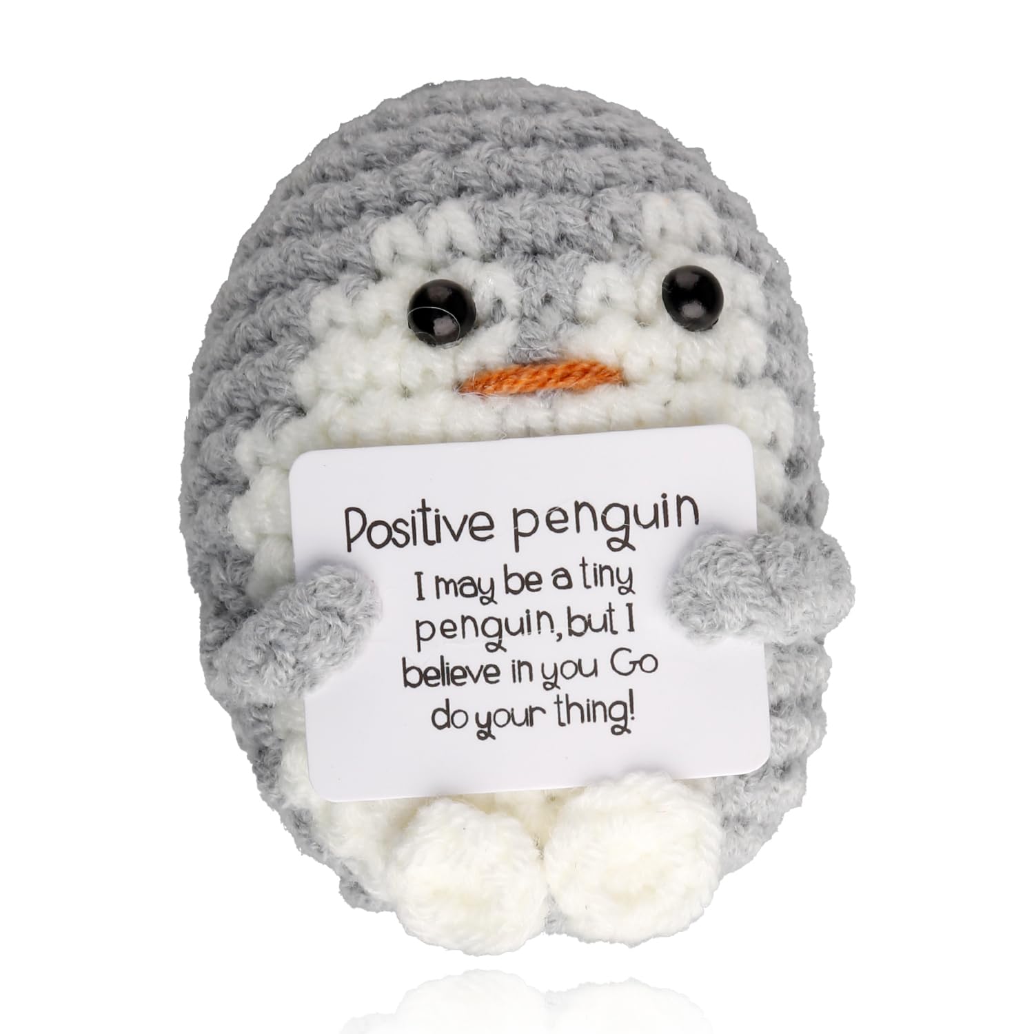 Gaomumu Hand-Knitted Inspirational Penguin, Cute Encouraging Penguin Gift with Card, Light Gray Knitted Doll for Gifting, Desk Decoration & Emotional Support
