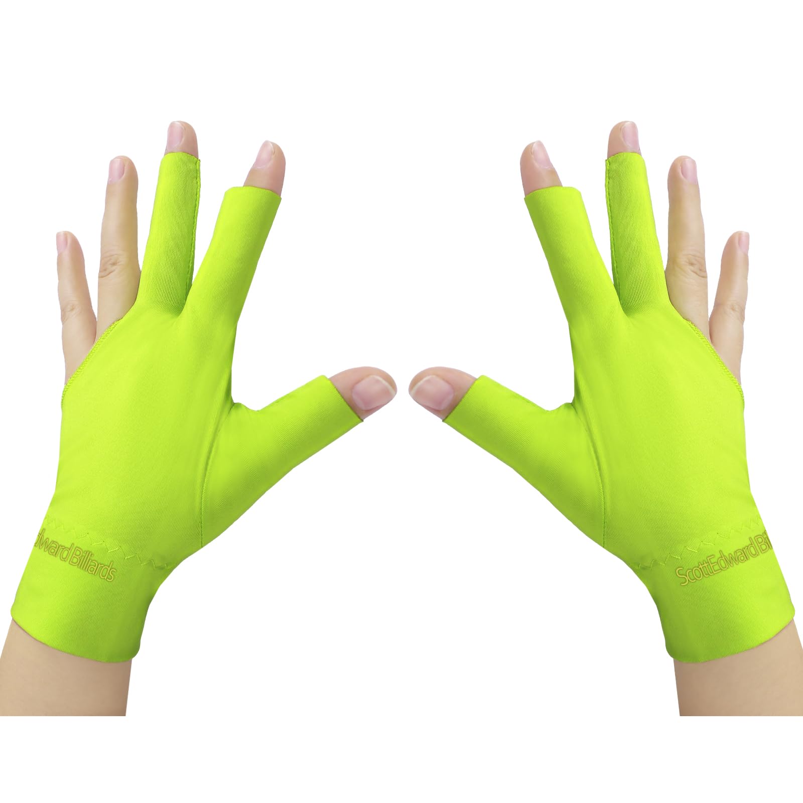Scott Edward Billiard Gloves 10 Pack, 3 Open Fingers, Elastic Spandex Pool Cue Gloves, for Left or Right Hand, Unisex Men & Women (Lime Green, 5 Left & 5 Right)