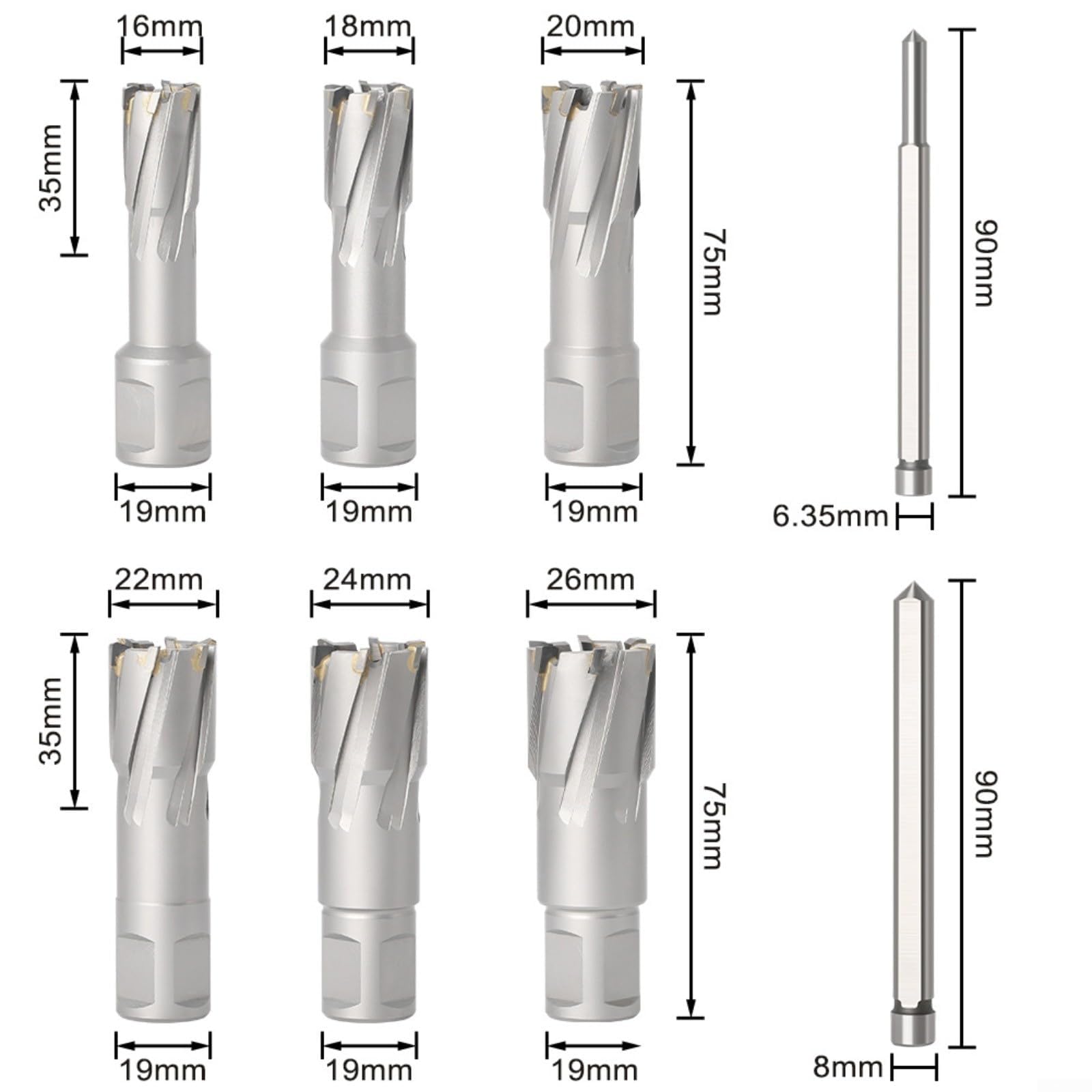 Juego de 8 brocas anulares TCT para taladros magnéticos, 16-26 mm para hierro y acero inoxidable, brocas de núcleo de carburo para trabajo de metal de 75 mm