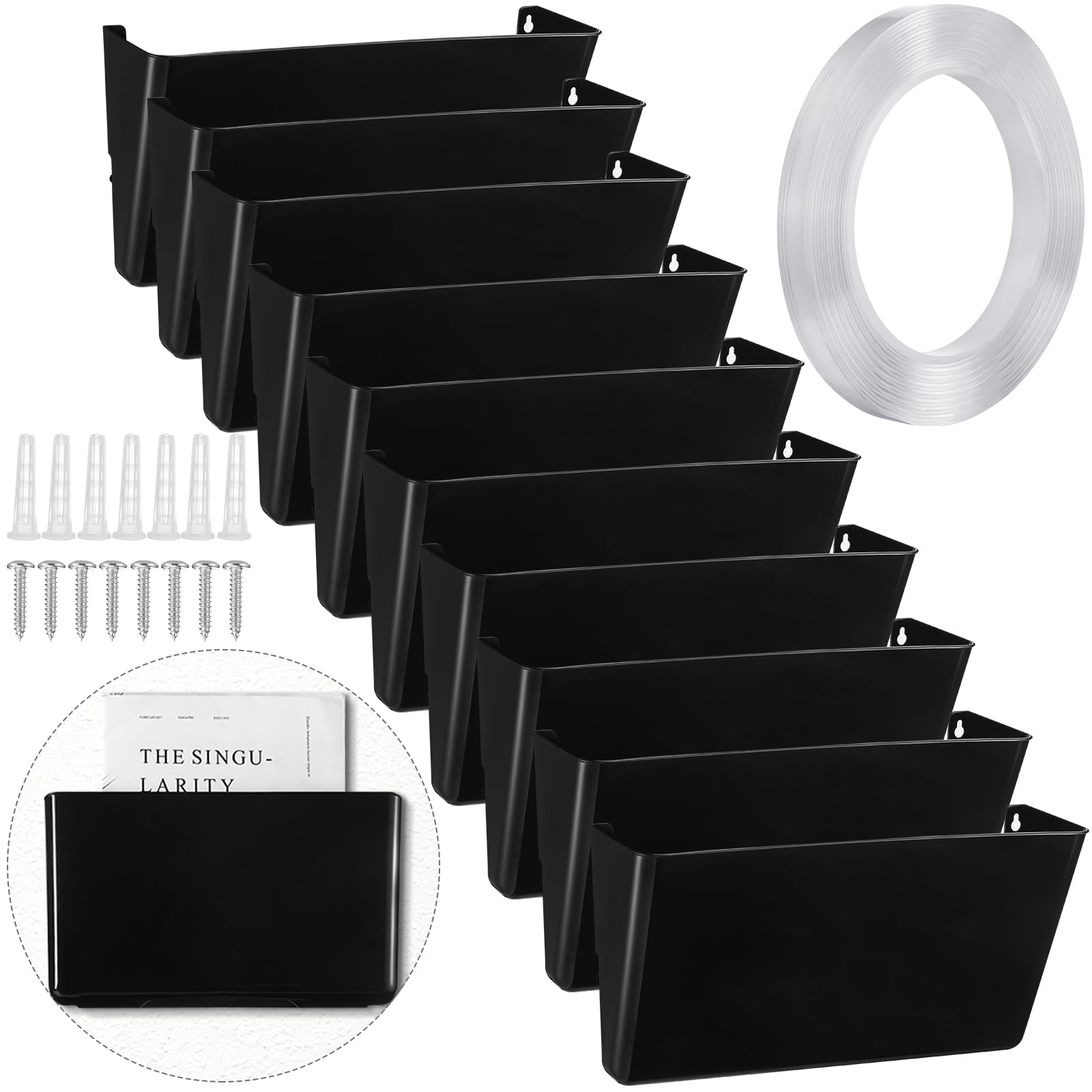 Tenceur 10 Pcs Single Pocket Wall Mount File Holder Black Plastic Wall Pocket with Screws and Tape Hanging File Organizer Letter Holder for Home