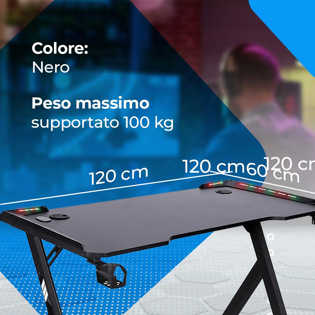 NK Scrivania Gaming LED Ergonomica (120X60cm) - Portabicchieri e Bottiglie, Supporto per Cuffie, Gestione dei Cavi, Scrivania Gaming, Tavolo 1.5cm (Resistenza) Peso Massimo Supportato 100kg - Bianco