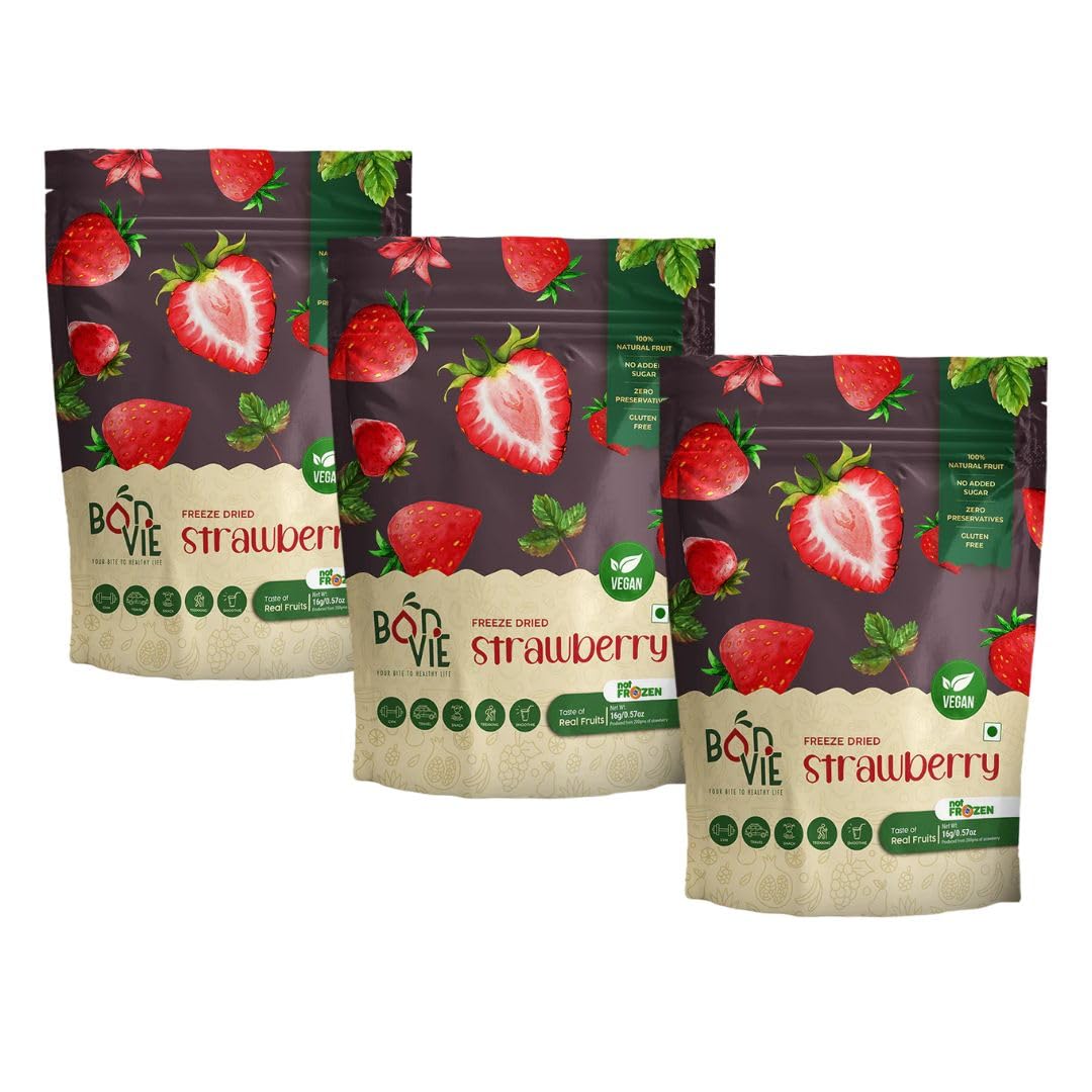 BONVIE Snacks Freeze-Dried Fruit Snacks -100% Natural Sliced Fruit, Great for Healthy Snacks, NO Added Sugar or Preservatives, Gluten-Free, Vegan (Pack of 3, Strawberry)-image-11