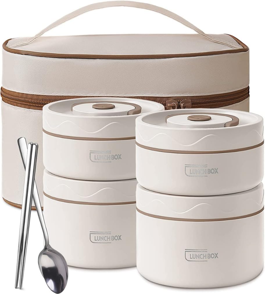 daiDokoro Stainless Steel 4 Insulated Container Lunch Box Set with Thermal Bag & Cutlery for Students/Office/College/Picnic - (Beige, 1940 ML)
