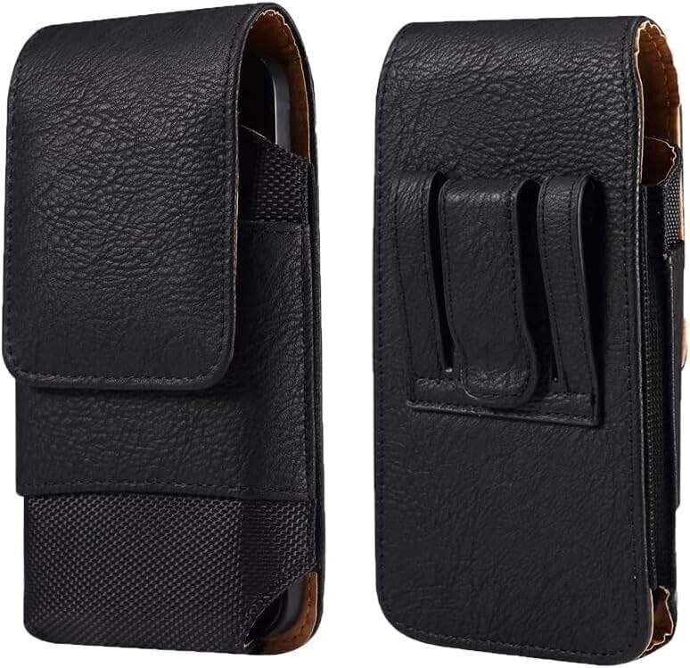 Black Vertical Leather Belt Loop Case with Card Holder is Compatible with Consumer Cellular Iris Connect Smartphone