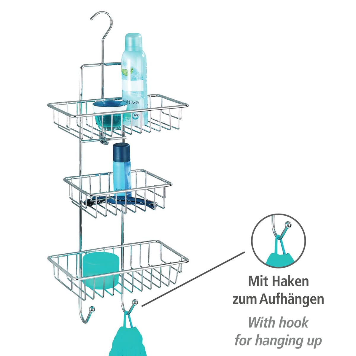 IDesign Panier De Rangement à Suspendre, Petit Valet De Douche En Métal Avec 2 Paniers Et 3 Crochets Doubles, Panier De Bain Pour Cabine De Douche, Argenté