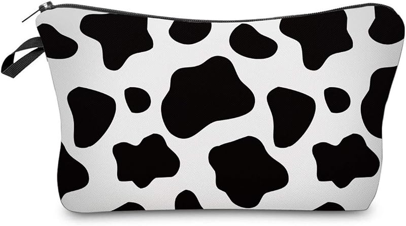 Necessaire FITINI com estampa de vaca, zíper e material de poliéster resistente à água, branca