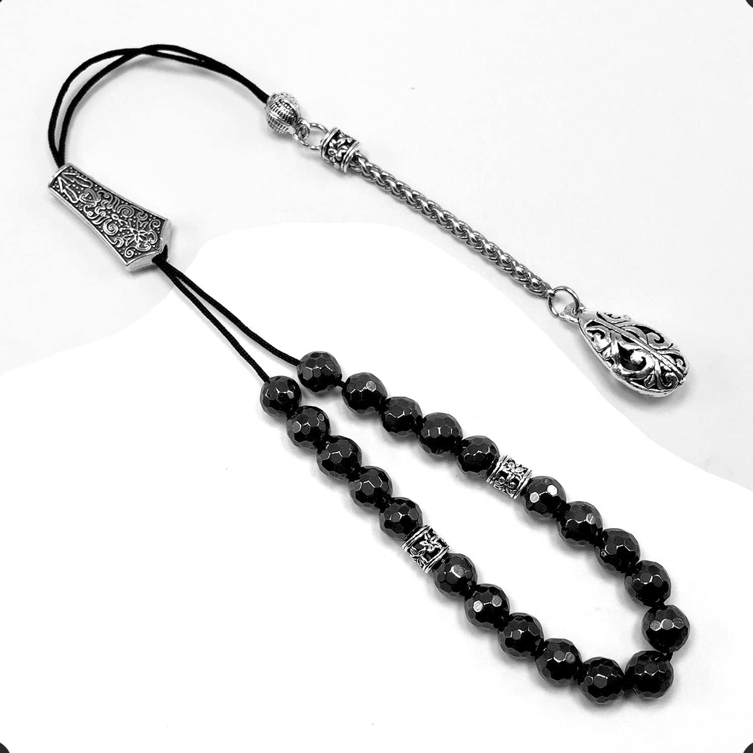 Design - Greek KOMBOLOI Series Worry Beads Begleri Pony Anxiety Beads Rosary Relaxation Stress Relief (Black Hematite Faceted Beads & Bracelet- 8 mm, 21 Beads)