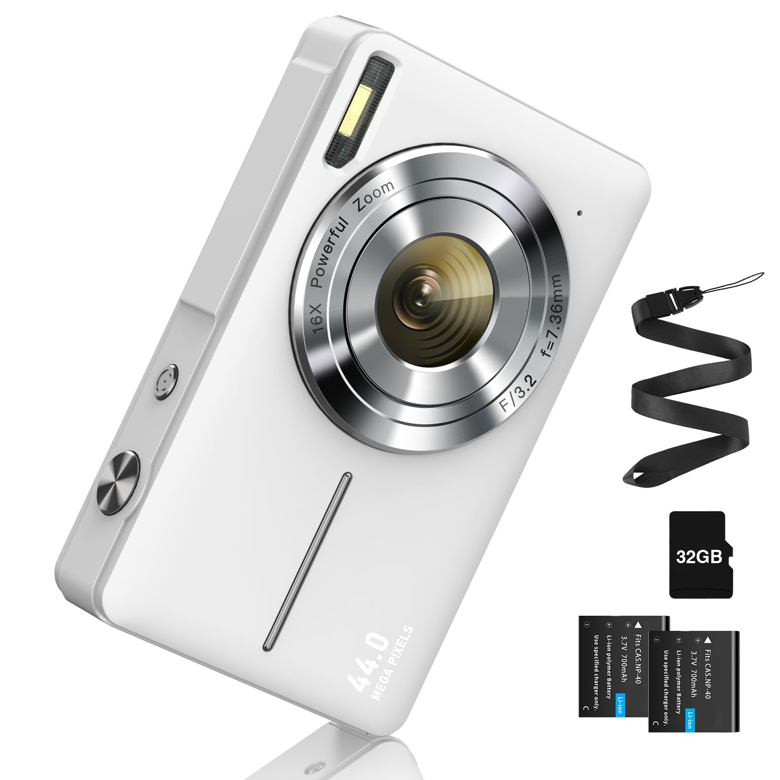 Digitalkamera 1080P 44MP Fotokamera Fotoapparat mit 32G Karte 16X Digitalzoom Digital Kamera mit Batterie Tragbare Einfache Digitalkamera für Kinder Student Teenager Anfänger Senioren (Weiß)