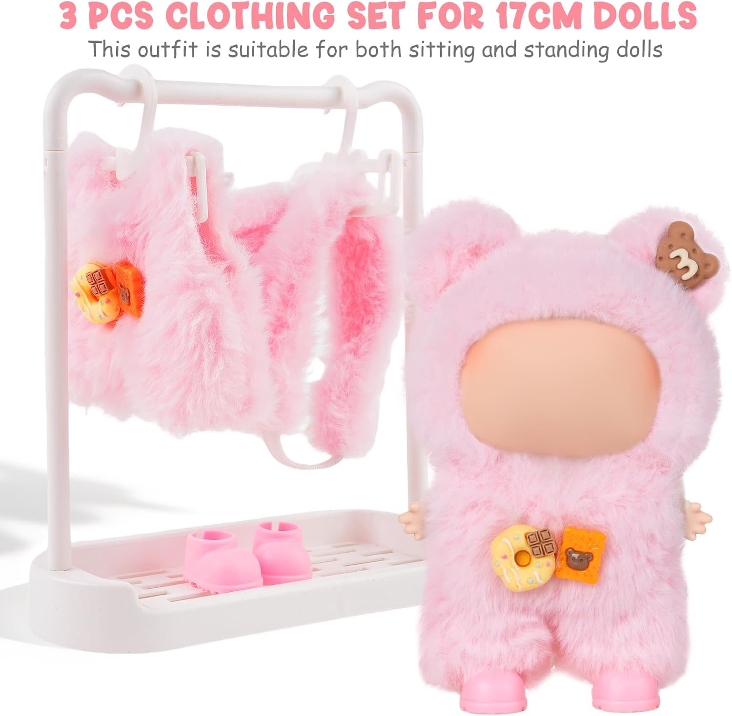 Dolls Clothes for Labubu(NO Doll) - 17cm Doll Clothes & Accessories Pink Plush Cute 3-Piece Outfit with Snap-On Romper for 6.7 Inch Clothing