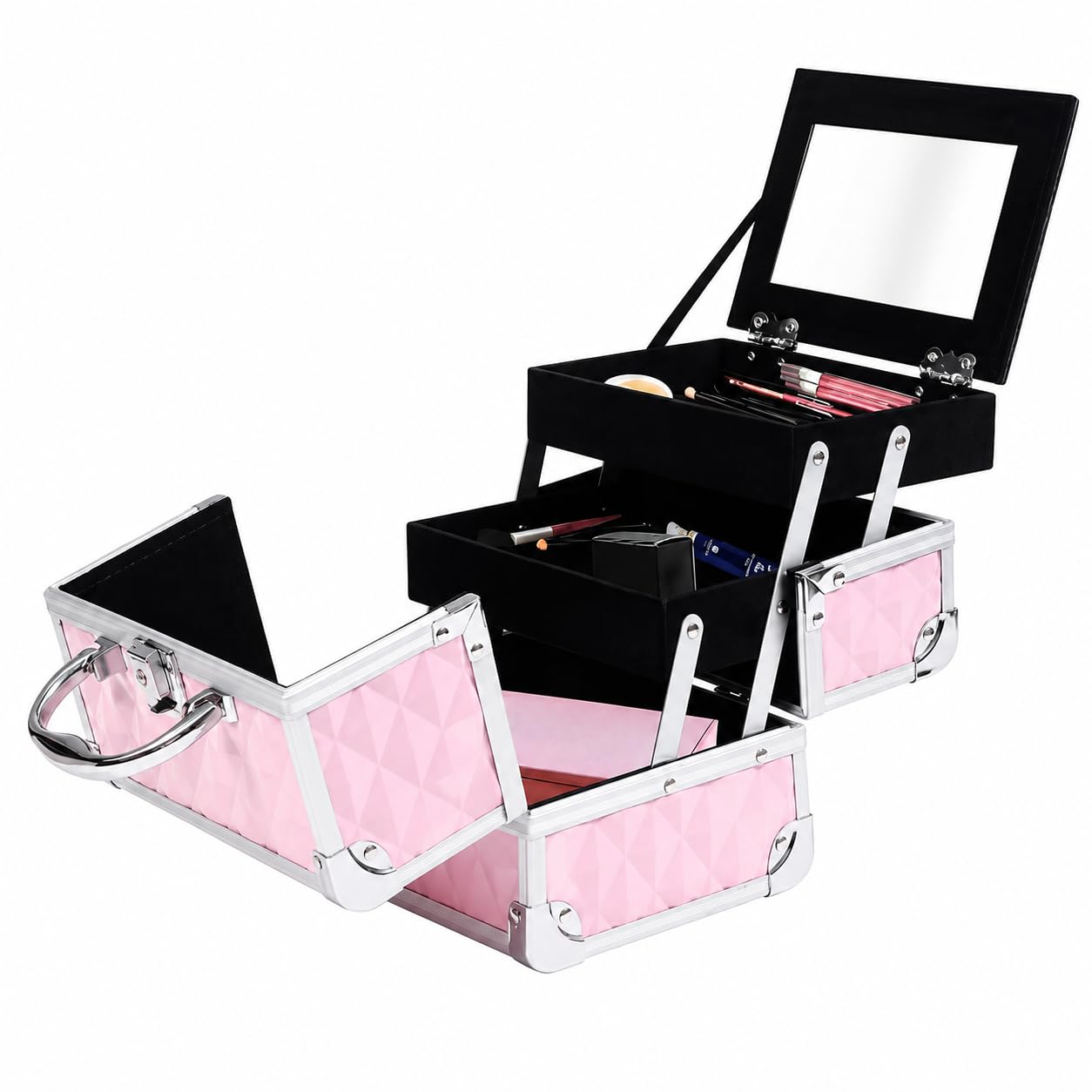 Kosmetikkoffer Schminkkoffer mit Spiegel & Schloss, 3 Ebenen Beauty Case für Make-up Aufbewahrung, Hartschale aus Aluminium, 20 x 15 x 15 cm, Rosa