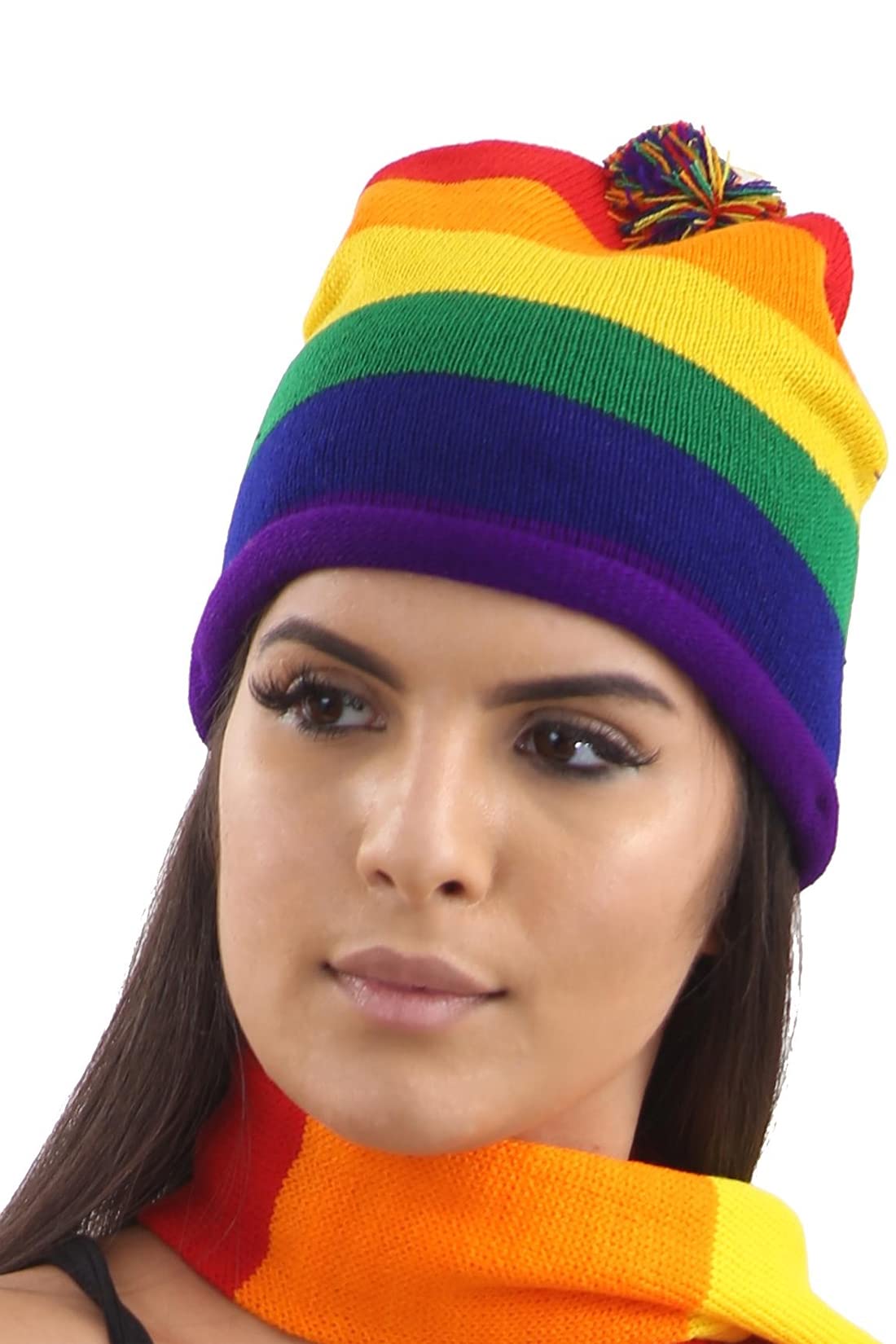 The Fancy Dress® Deluxe QUALITY GAY LESBIAN PRIDE FANCY DRESS ACCESSORY Rainbow Hats Jewellery LGBT Parade Party Lot UK (Rainbow Knitted Hat)