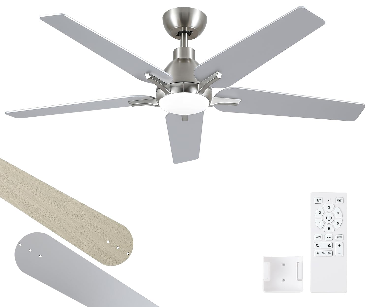 Photo 1 of putroad 52 Inch Ceiling Fans with Lights: Brushed Nickel Ceiling Fan with Light and Remote for Bedroom Living Room Dining room Patio, 3CCT Dimmable 6 Speeds Reversible Quiet DC Motor