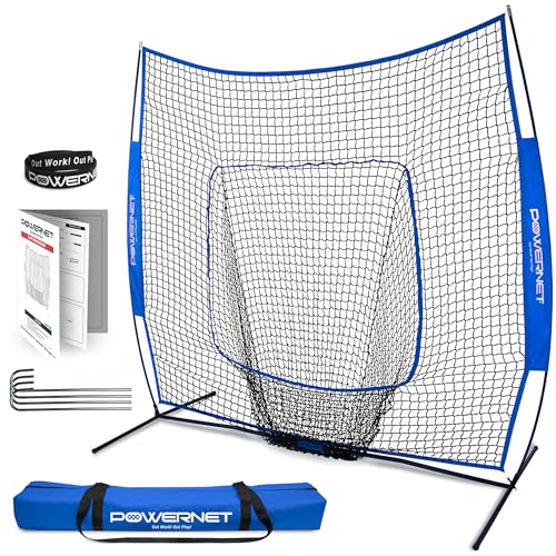 PowerNet Baseball & Softball Practice Net 7x7 FT, Outdoor Baseball Training Equipment for Pitching & Batting Practice (Royal Blue Net)