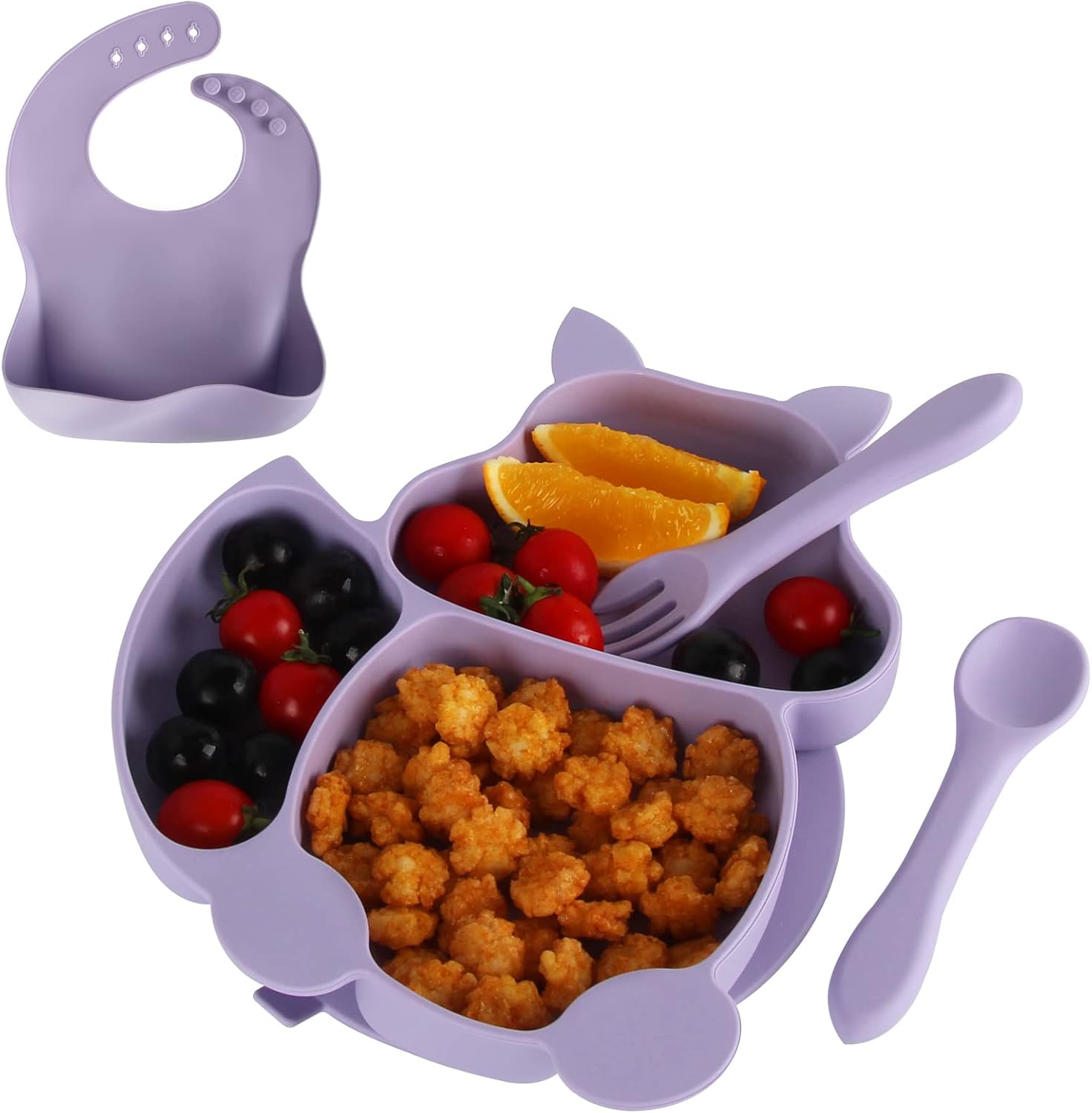Fu Store Baby Feeding Set Silicone Suction Plate Squirrel Shape Self Feeding Training Stay Put Soft Spoon Fork Adjustable Bib Toddler Dish Kit Microwave Dishwasher Safe (Purple)