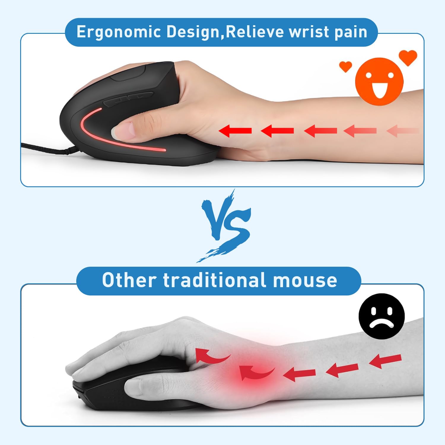 Mouse ergonomico cablato, mouse verticale cablato USB con DPI regolabile 800/1200/1600, 6 pulsanti, mouse ergonomico per laptop/PC/desktop, nero