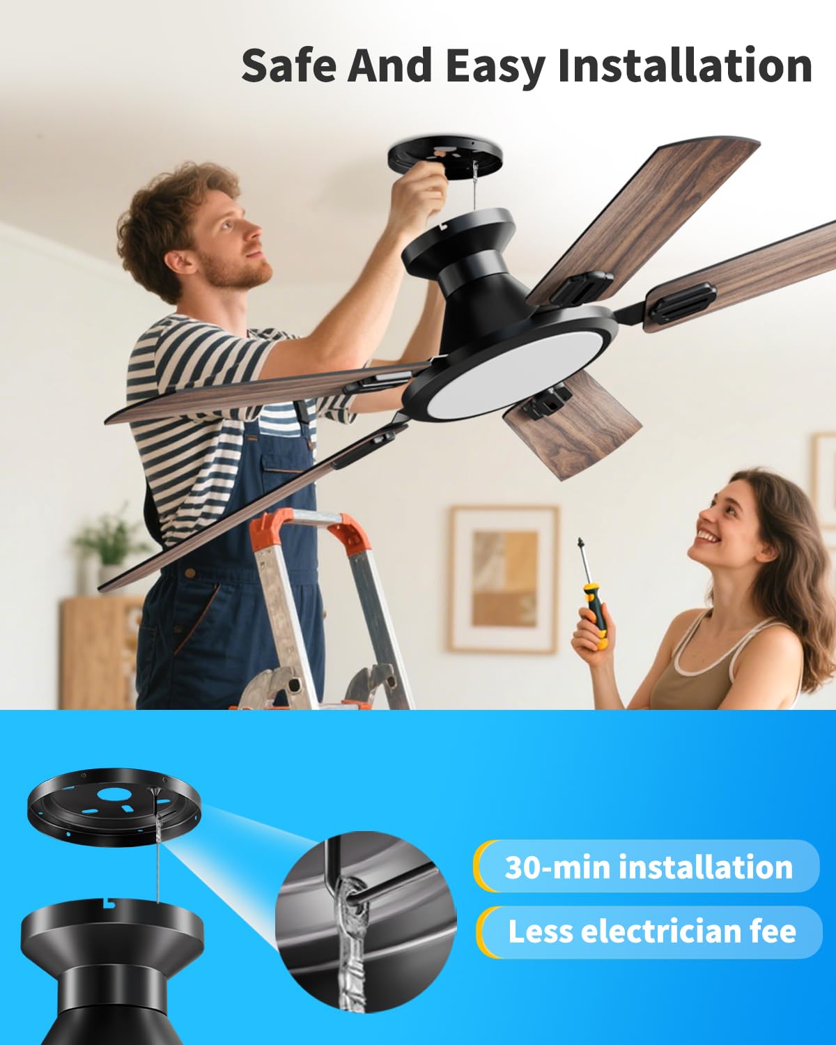 TCL 52 Low Profile Ceiling Fan with Light Slim Black Flush Mount DC Reversible Motor 6 Speeds Remote — view 7