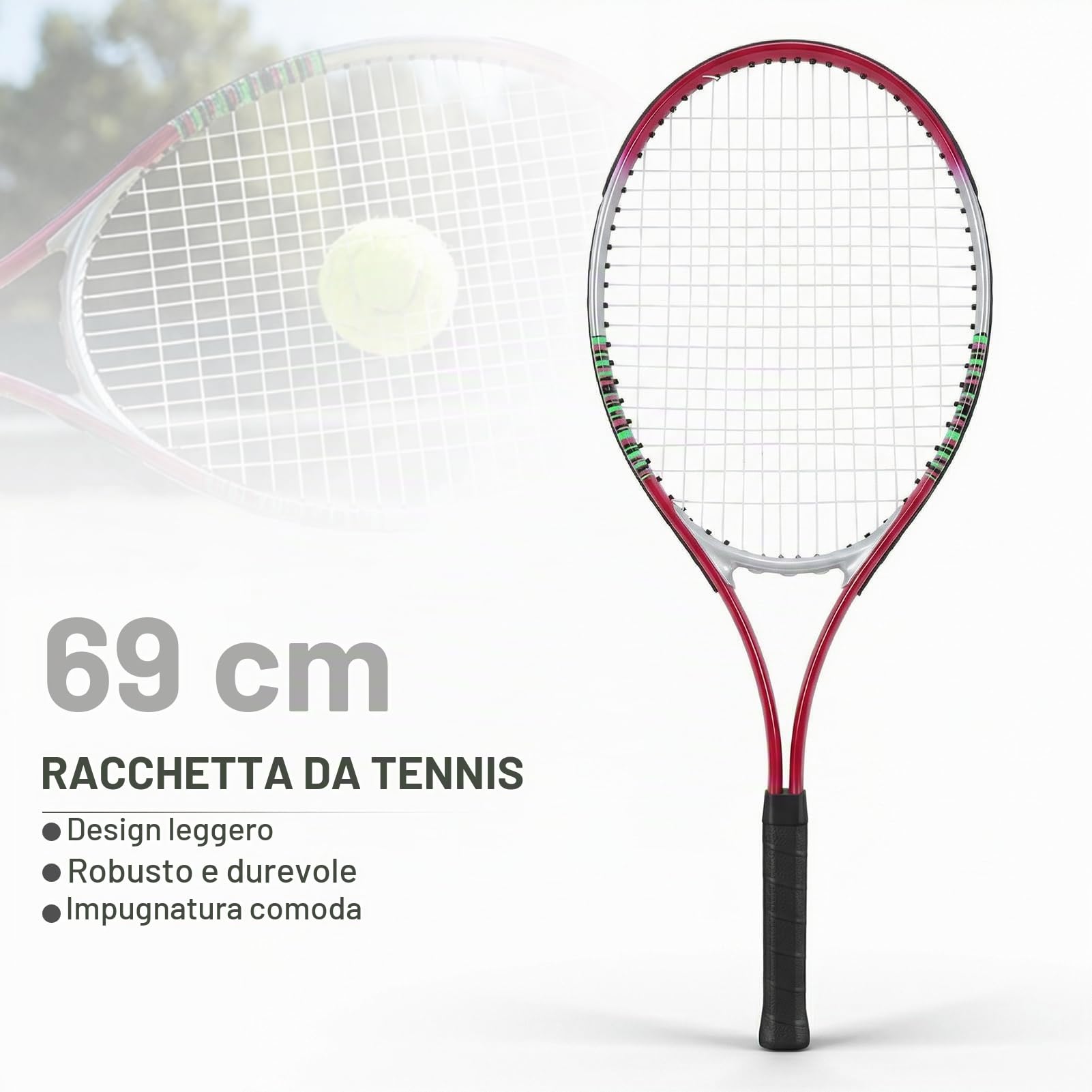 Racchetta da Tennis Professionale, 27 Pollici, Alluminio, Rosso, Strung, Adatta per Allenamento Intermedio Primario