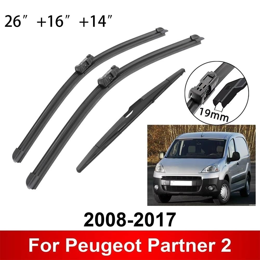 Spazzole Tergicristallo Anteriori E Posteriori Per Peugeot Partner 2 (2008-2017) | Kit Completo 26"+16"+14" | Gomma Naturale Di Alta Qualità