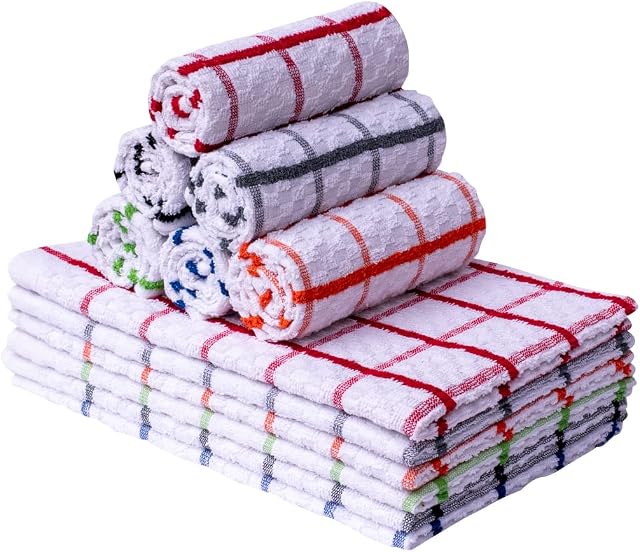 VL Tea Towels 12 Pack Extra Large 50 X 80 cm Kitchen Towels Set, Lint Free Kitchen Cloth with 6 Assorted Colors, Soft Absorbent Dish Towels and Bar Towels, 100% Terry Towelling Cotton Dish Cloths
