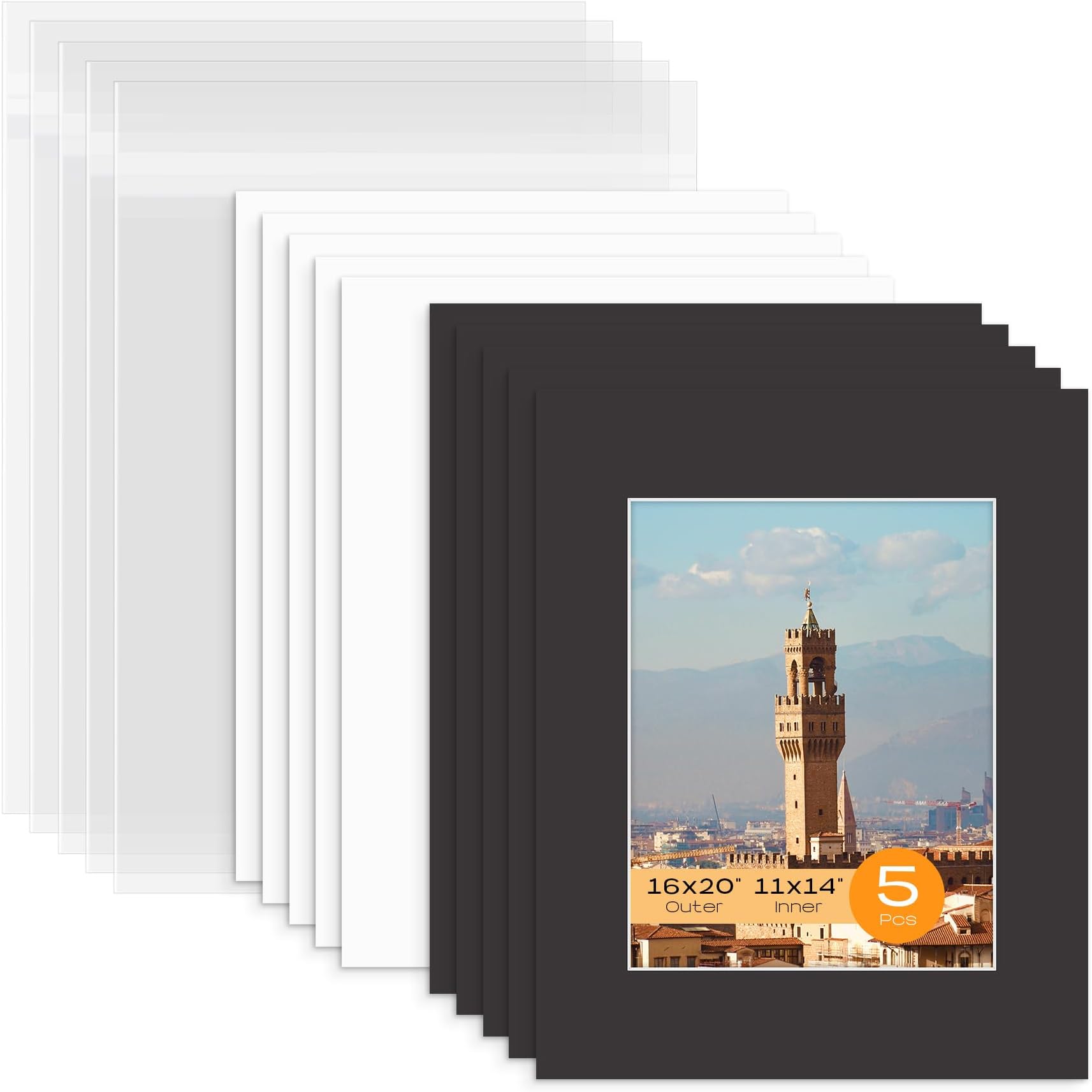 Mat Board Center, Pack of 5 Bevel Cut 16x20 Black Mat for 11x14 Photo with White Core Matte Set, Includes 5 Acid Free Mats, 5 Backing Board and 5 Clear Bags