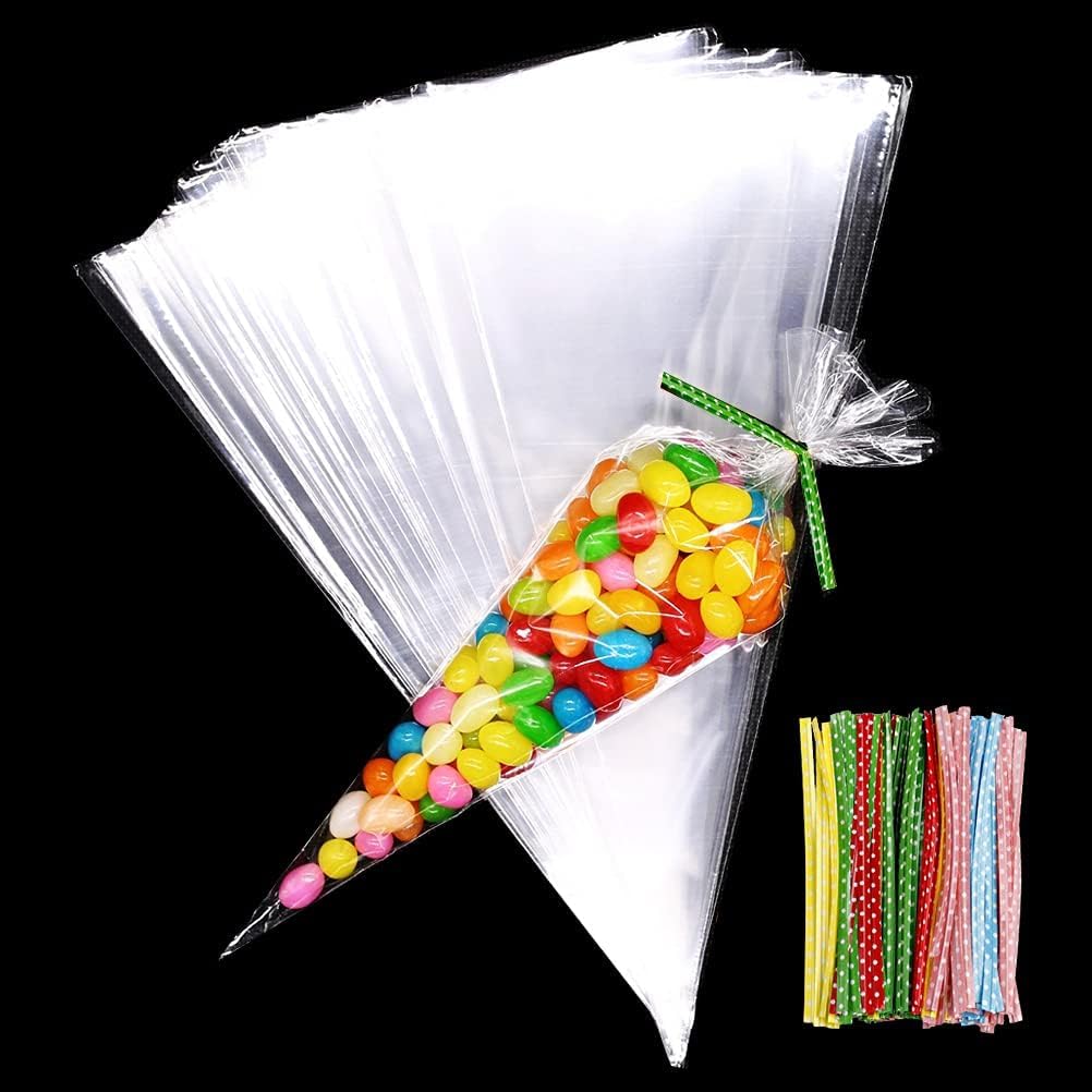 Pack of 100 Cones Bags 30 x 16 cm Cone Bags Candy Bags Gift Bags with 100 Ties for Sweets Chocolate Sweets - Image 4