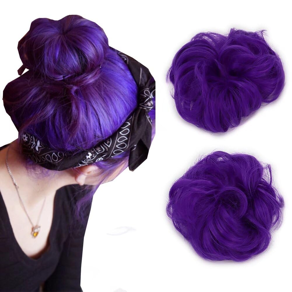 LaLuLoLi Purple Synthetic Hair Bun Extensions Messy Hairpiece Scrunchies Heat Resistent Resistent Fiber Hair Buns Donut Updo Ponytail for Women (2410# Purple Under Sunshine/Blue when Indoor) 2pcs/pack