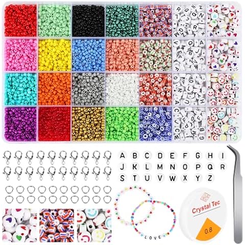 Smarpau Glass Seed Beads, 9200PCS Beads for Bracelet Making Kit, Flat Round Polymer Pony Bead with Alphabet Letter for DIY Jewelry Bracelets Earring Necklace Making Cover