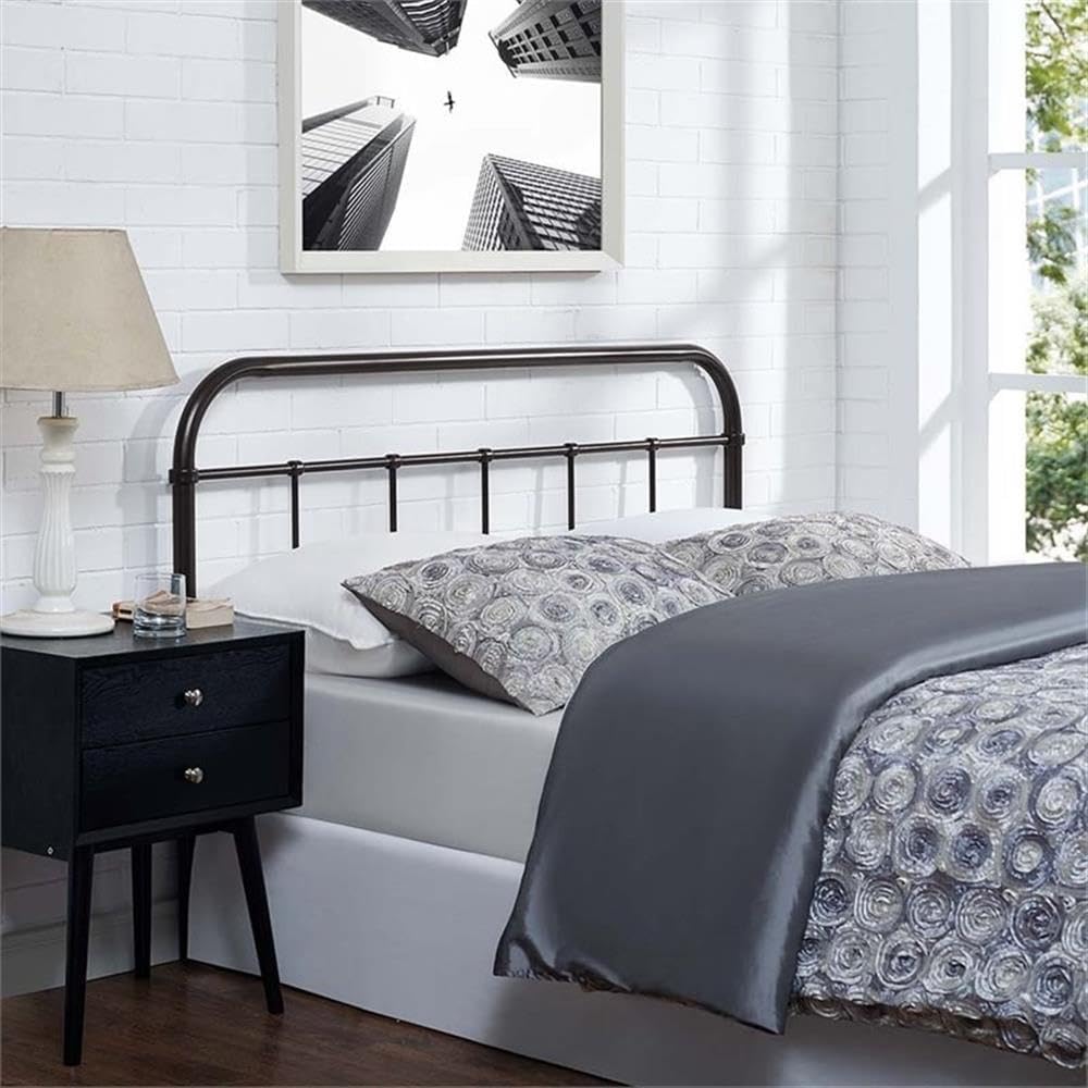 Pemberly Row Modern Steel Spindle Queen Headboard, Powder-Coated Metal Frame, Brown Finish, 40.5" H x 60" W, Cottage Style, Universal Bed Frame Compatible