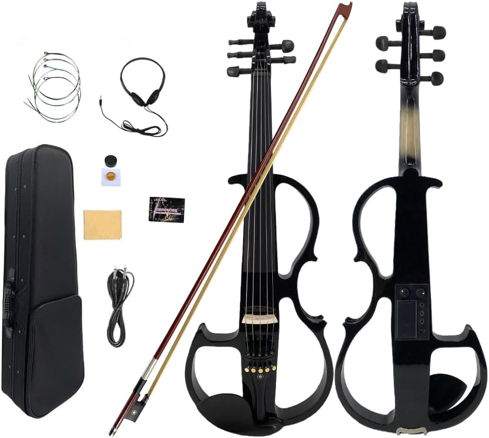 Yinfente 16inch Silent Electric Viola Solid Wood 4 String With Ebony Fittings&Hard Case& Brazilwood Bow&AUX Cable&Cleaning Cloth&Rosin&Headphone&Extra String