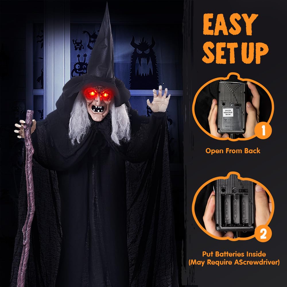 JOYIN 1,8 m Halloween Animatronics Strega con canna, decorazioni di Halloween a grandezza naturale con suono raccapricciante e occhi luminosi, attivazione del suono animata casa infestata puntello
