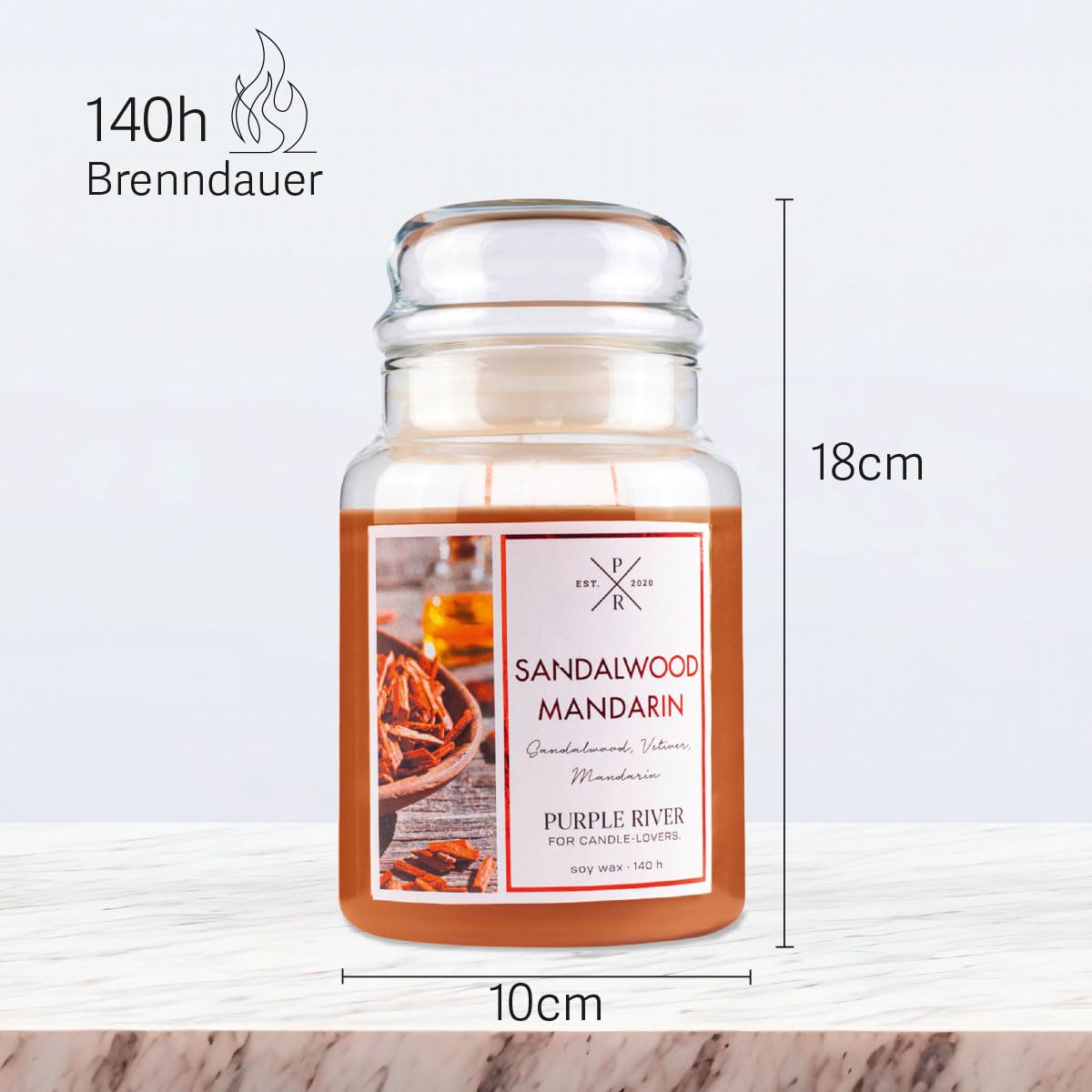 Purple River grande candela profumata in vetro con coperchio, mandarino sandalo, candela profumata legno di sandalo, lunga durata (140 h) | candela profumata cera di soia | candele marrone (623 g)