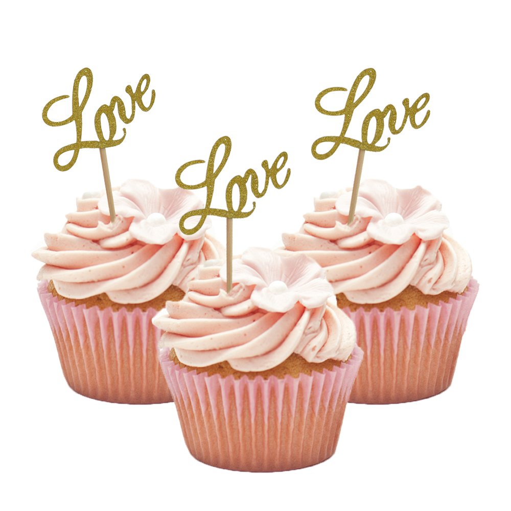 LOVE Cupcake Toppers, Glitter Dessert Food Cake Picks for Baby Shower Wedding Engagement Bridal Birthday Party Supplies (20PCS Golden)