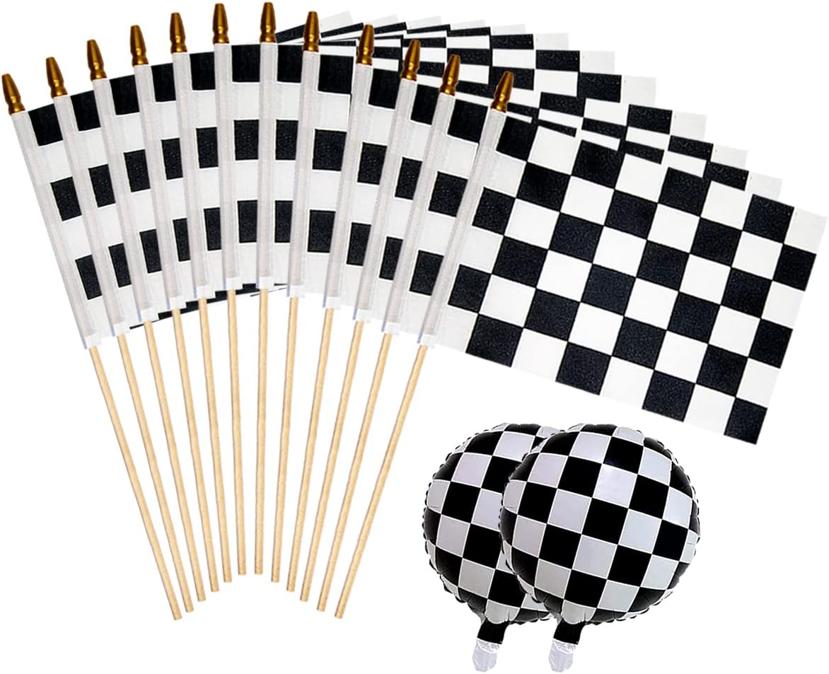 12 Pack Small Checkered Black and White Racing Flags on Stick, 5x8 Inch Hand Held Stick Flags with Kid-Safe Spear Top