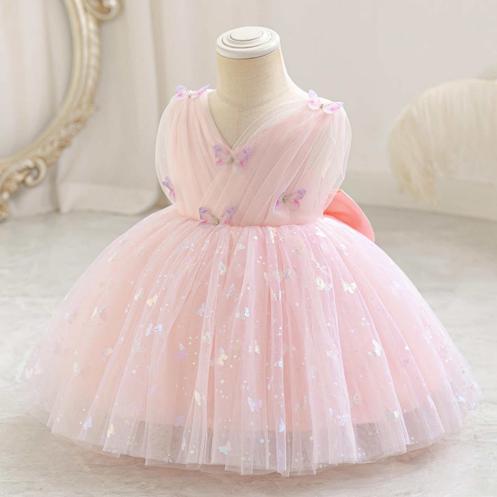 IDOPIP Bebé Niña Sin Mangas V - Cuello Tul Tutú Vestido Princesa Flor Chica Vestido Arco Elegante Cumpleaños Celebración Formal Fiesta Vestido De Fiesta
