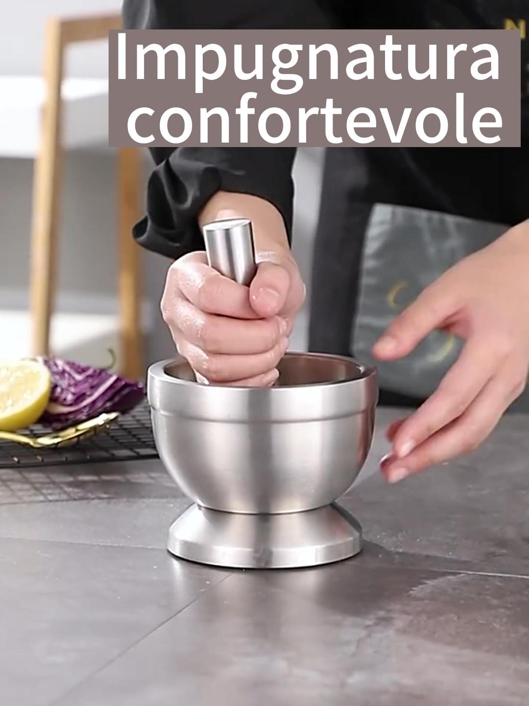 Set Mortaio E Pestello In Acciaio Inox – Macina Aglio, Spezie, Erbe E Caffè – Utensile Da Cucina Professionale