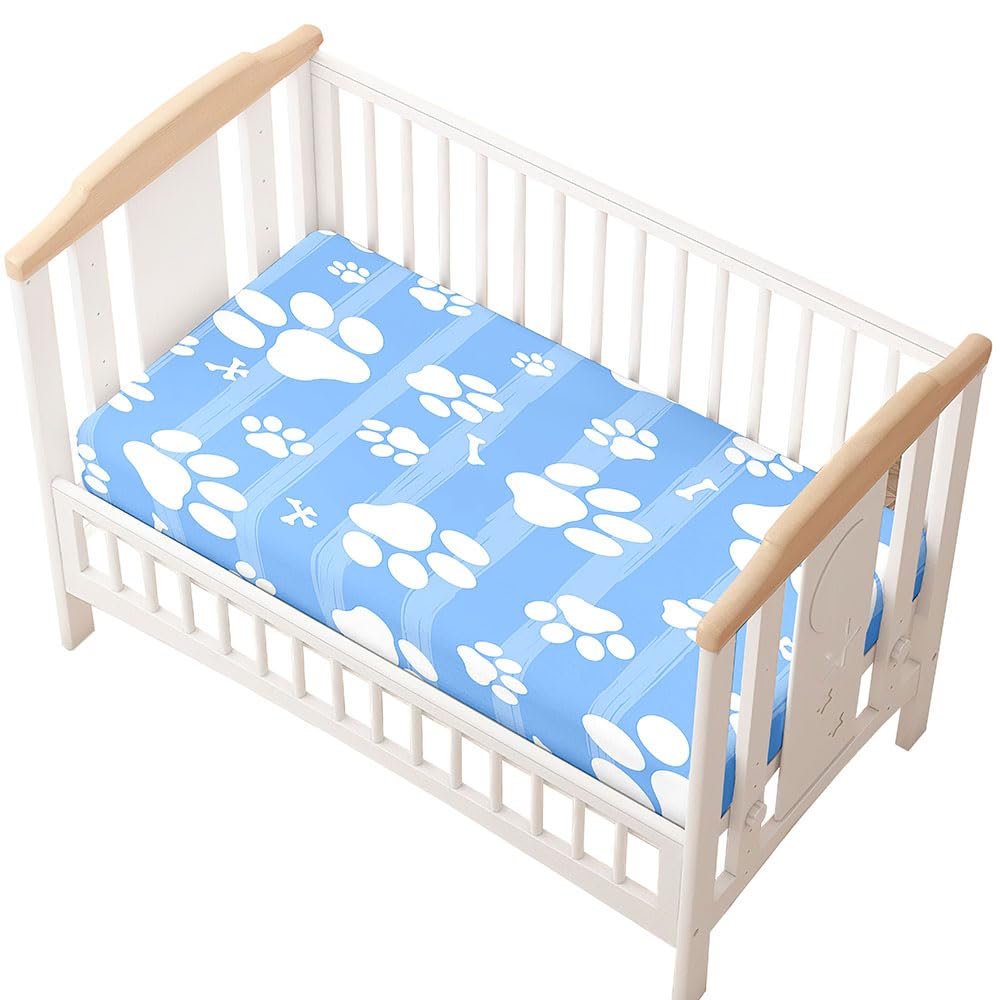 Odot Cot Bed Sheets, Animal footprints Print Bedside Cribs Fitted Sheets, Baby Bed Sheets Microfiber Cot Bed Mattress Protector, Bassinet Sheets, Easy Care Soft and Dureable (blue,80x160 cm)