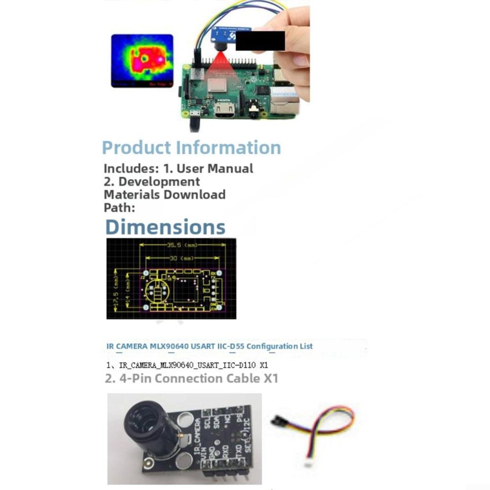 MLX90640ESF Sensor de imagen térmica infrarroja, detector de temperatura de matriz de 32x24 con interfaz I2C, termómetro sin contacto para monitoreo e inteligente (MLX90640ESF-BAA)
