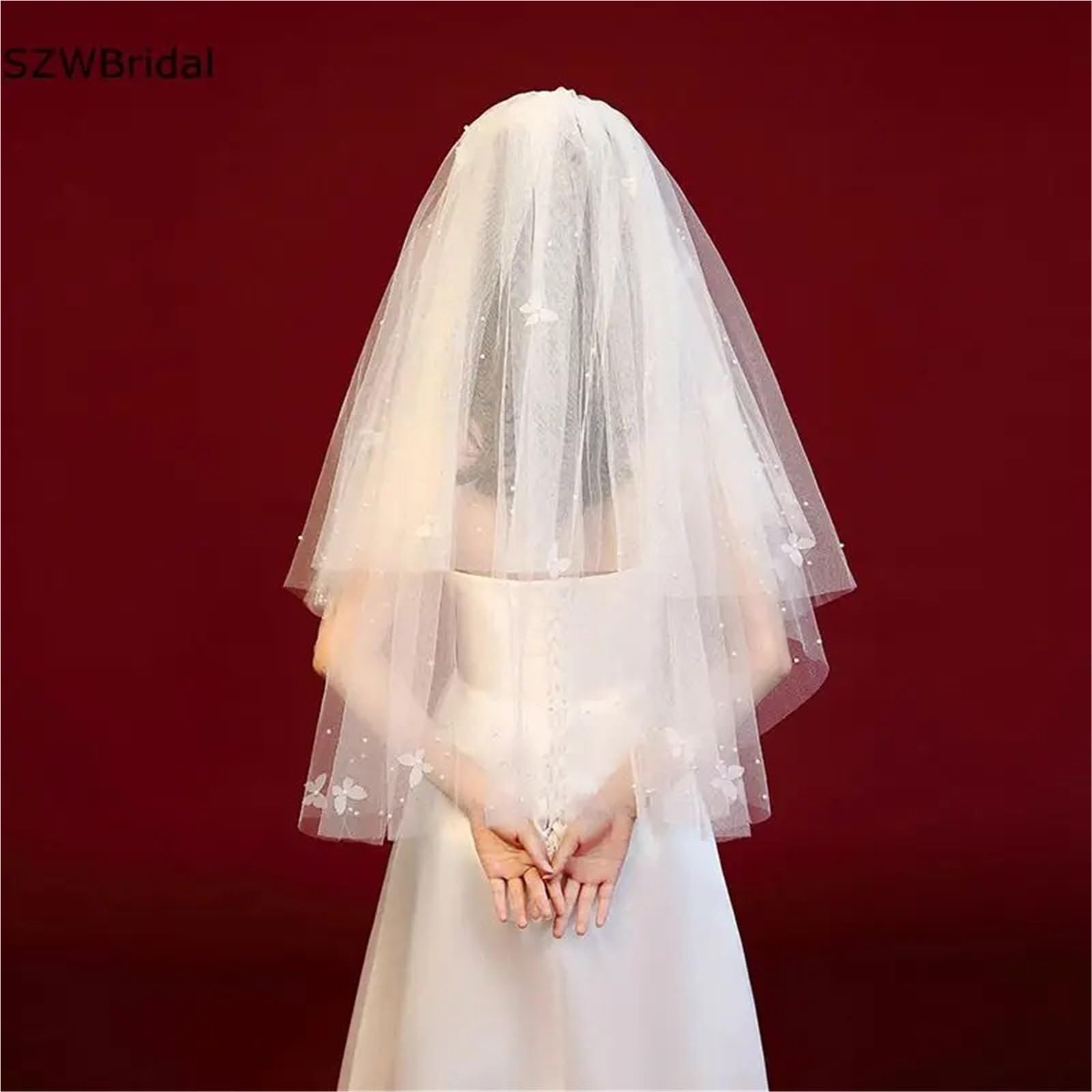 Genérico Velo de novia, tocado de novia con cuentas y lazo, accesorios de, gasa corta