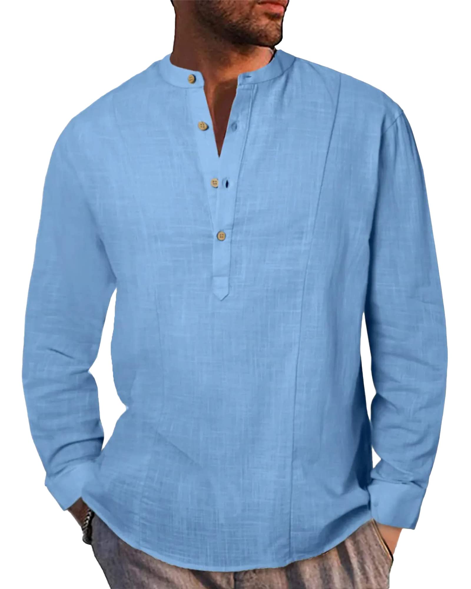 LVCBL Hemd Herren Henley Langarmhemd Baumwolle Leinenhemd Frühling Sommer Freizeithemd