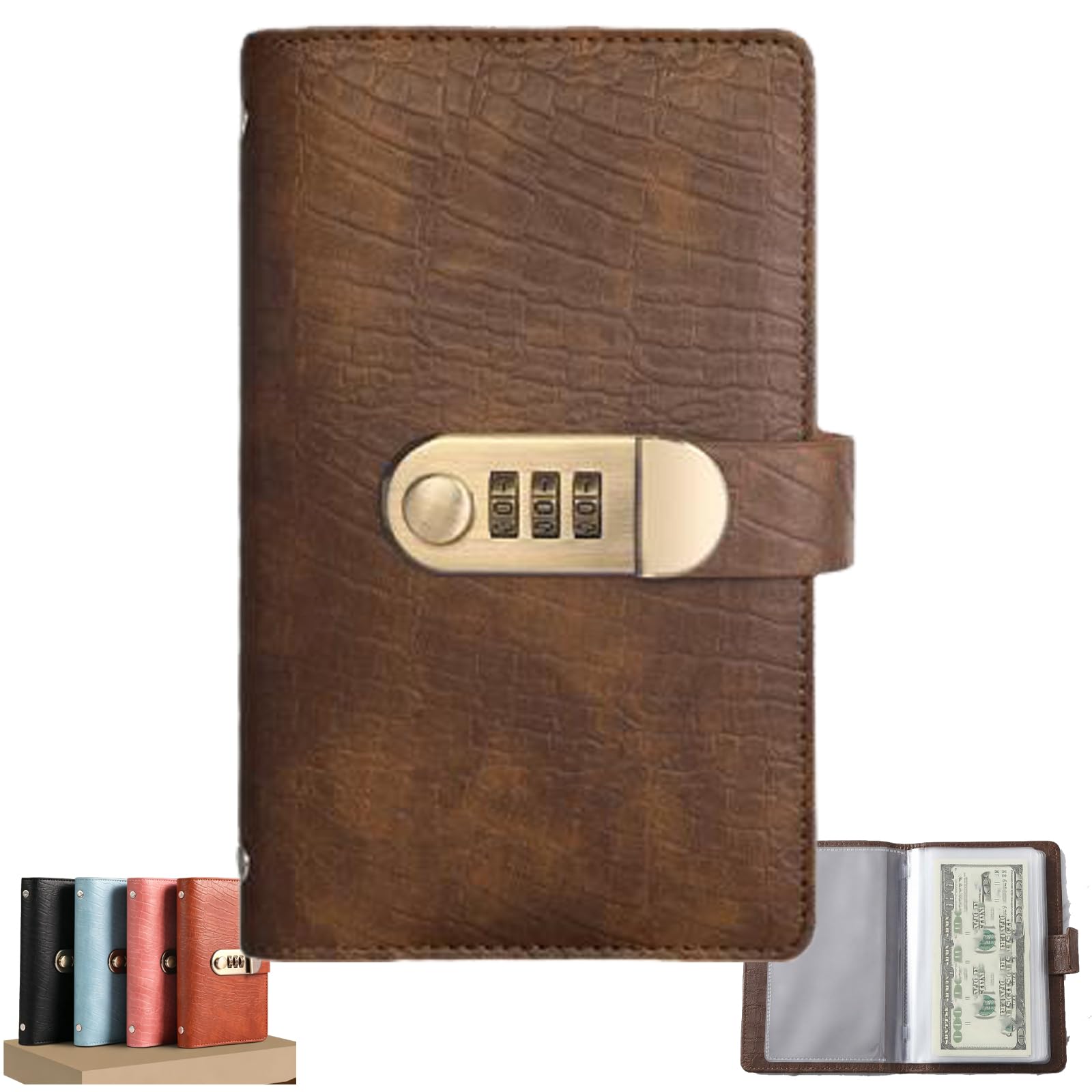 100-Page Lockable Savings Book, Locking Banknote Collection Booklet (Brown)
