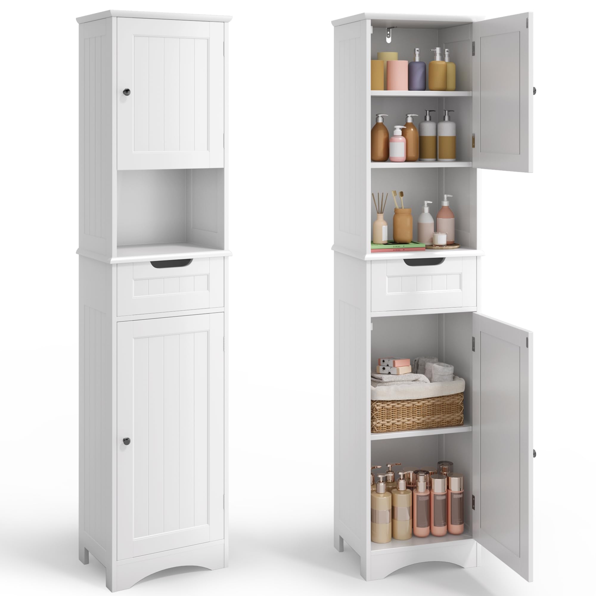 Mobiletto da Bagno Alto con Ripiani Regolabili, Cassetto, Scomparto Aperto, Porte Magnetiche e Protezione Antiribaltamento – 170 x 40 x 30 cm (Bianco)