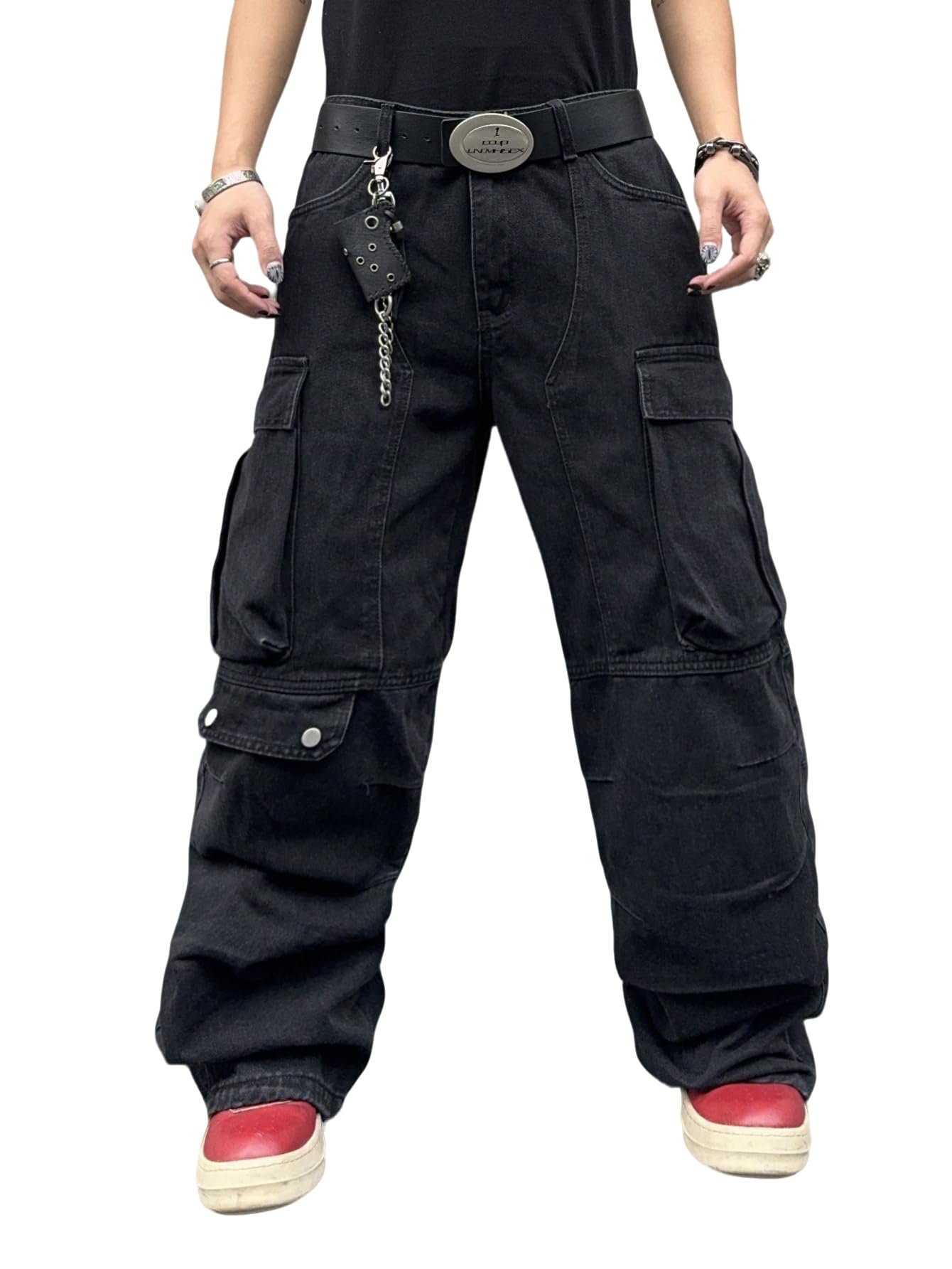 DFGIGT Mens Goth Baggy Cargo Jeans with Pockets Steampunk Patchwork Embroidery Wide Leg Denim Pants