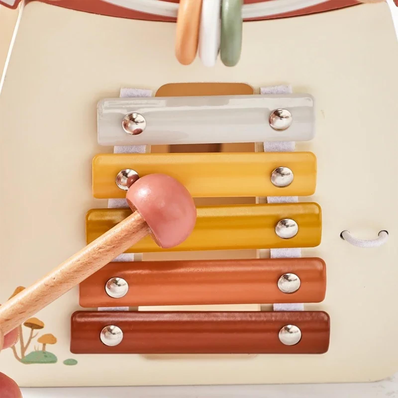 Cubo di attività in legno, classificatore di forme Montessori e giocattolo dell'Arca di Noè, centro di apprendimento musicale multisensoriale con manopole a fungo ed elementi a percussione