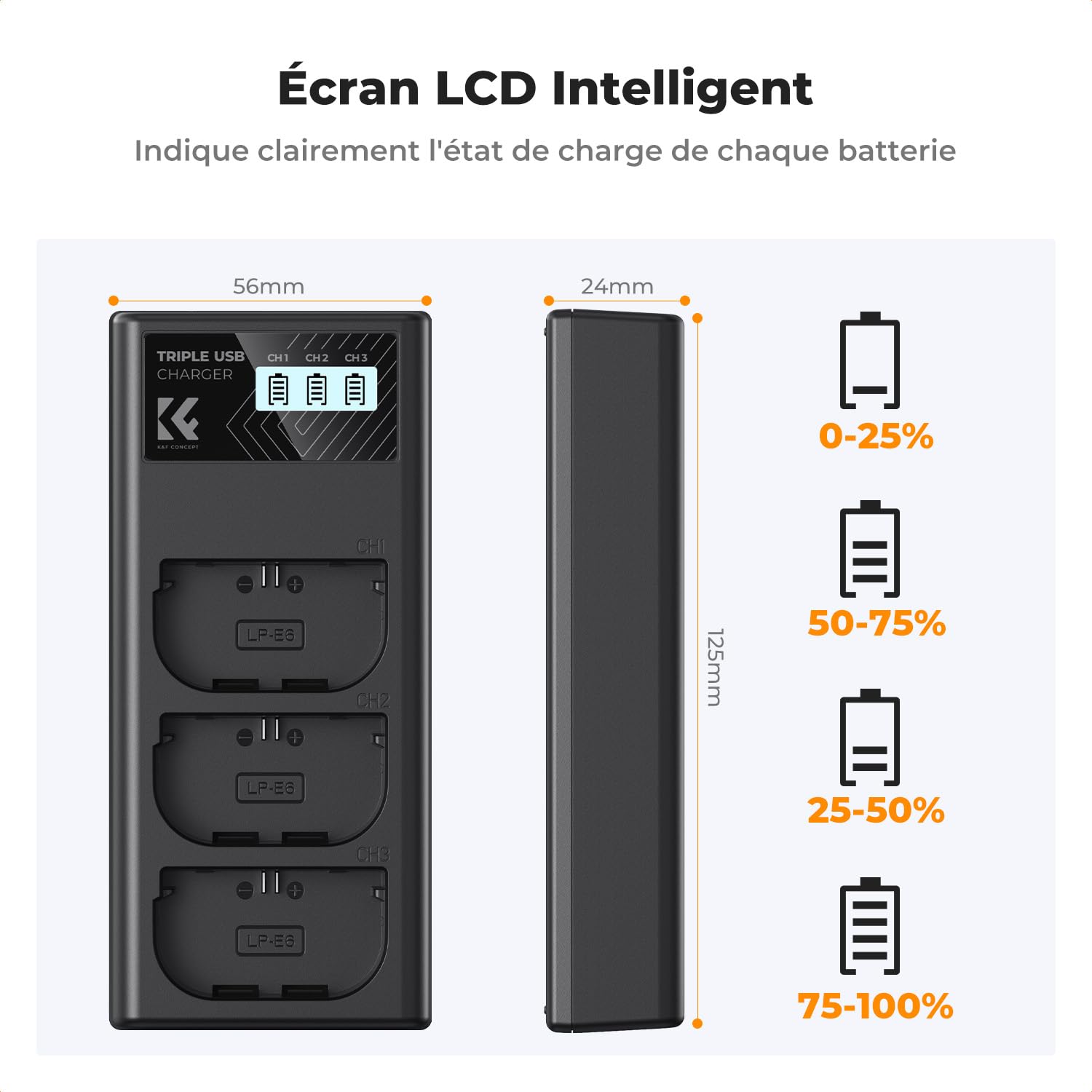 K&F CONCEPT LP-E6NH/LP-E6N/LP-E6 Chargeur 3 Slot R7 Batterie Chargeur avec Écran LCD pour Canon EOS R5 R6 R7 5D 6D 7D Mark II Caméras