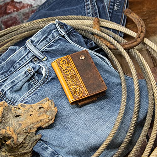 Image of HOOEY Grayson Men's Leather Bifold Money Clip Wallet - Brown & Tan Genuine Distressed Leather, Hand Tooled Western Filigree, Slim Bifold with ID Window & Card Slots