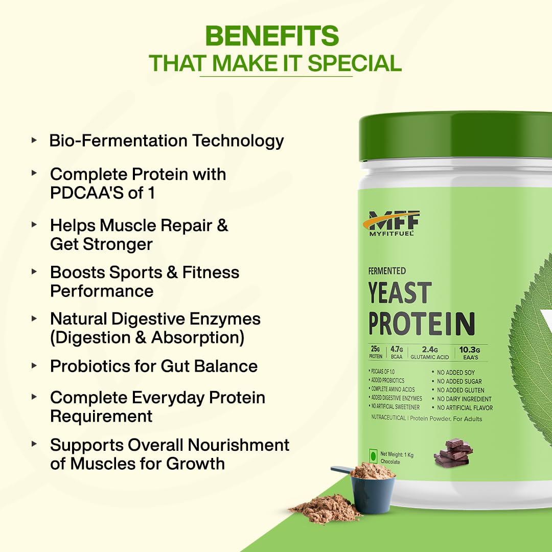 MyFitFuel Fermented Yeast Protein Powder 1kg (Chocolate) | 25g Protein | 4.7g BCAA | Added Probiotics | No Bloating | Higher Absorption | Superior Muscle Recovery | PDCAAS of 1 | Gut Friendly