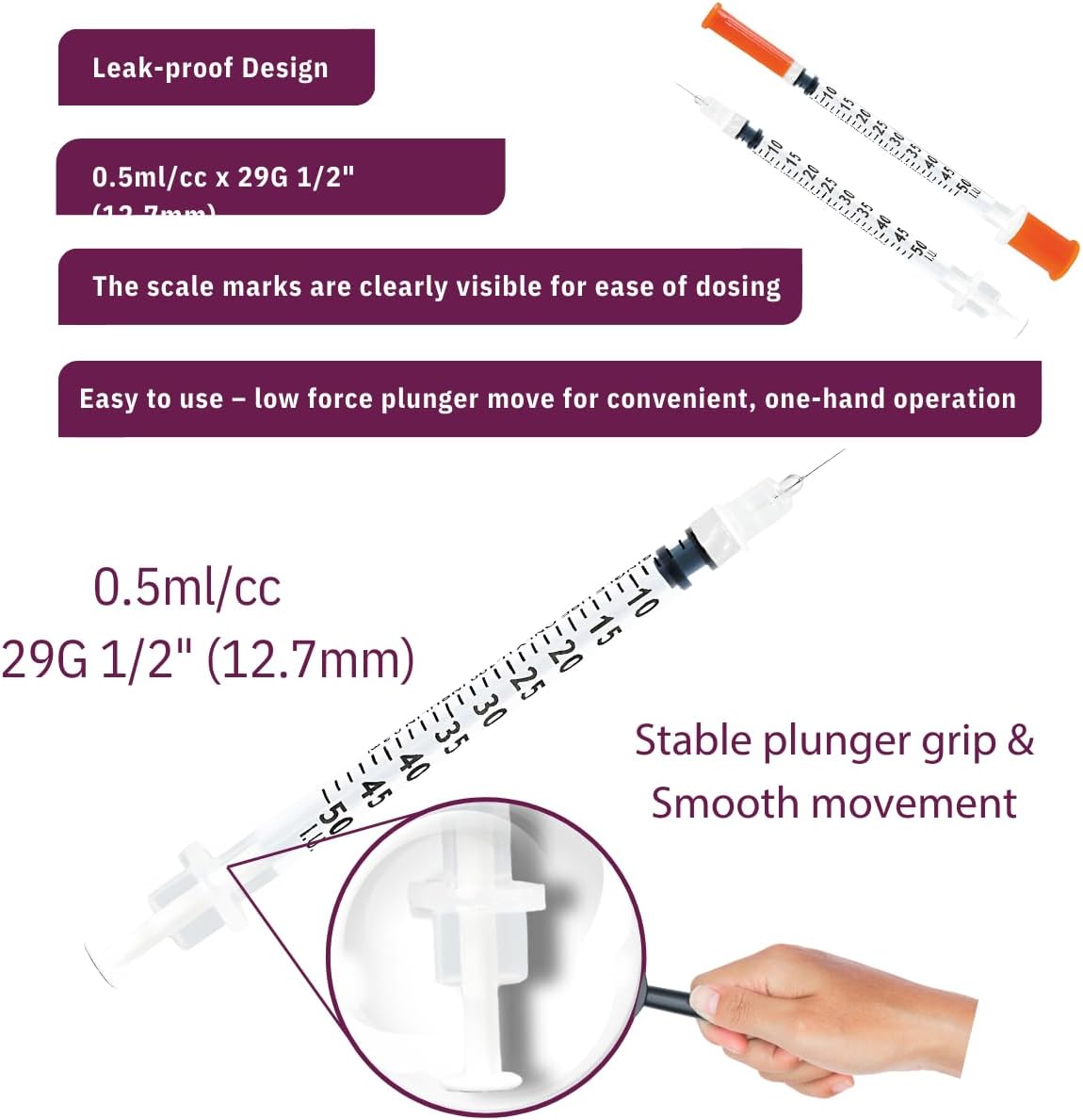 0.5 ml/cc Syringes 29G x 1/2’’ (12.7mm), 10 pcs/bag