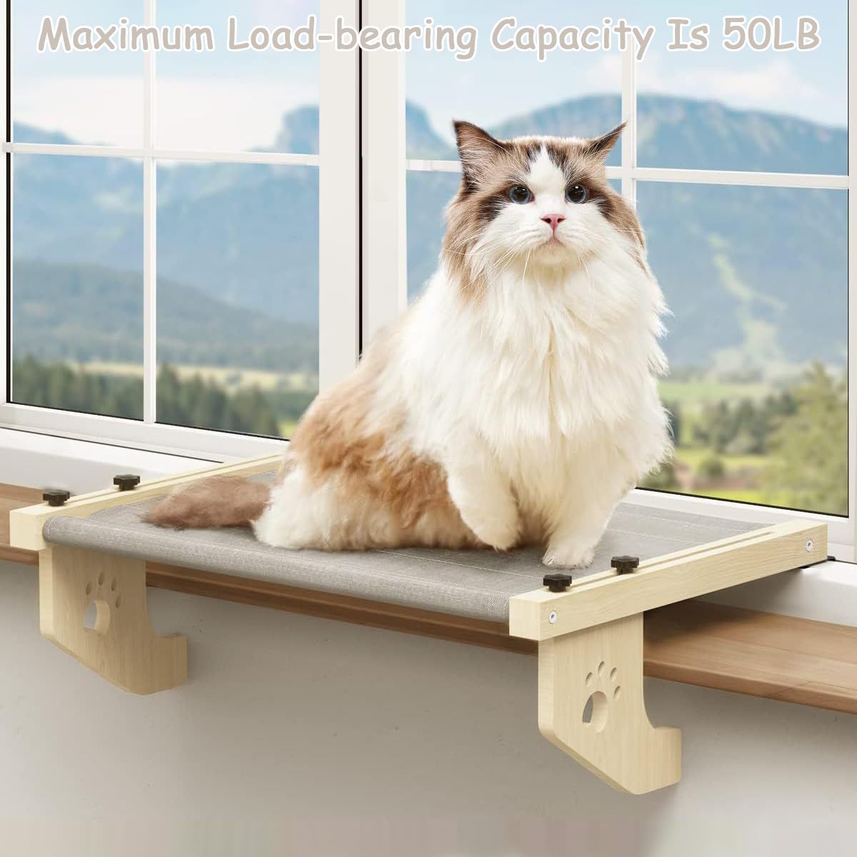 مجثم قطط يثبت على النافذة، مجثم متين معلق بتصميم أرجوحة شبكية، رف قطط متين وموفر للمساحة في الأماكن المغلقة من الميكاكوز (رمادي)