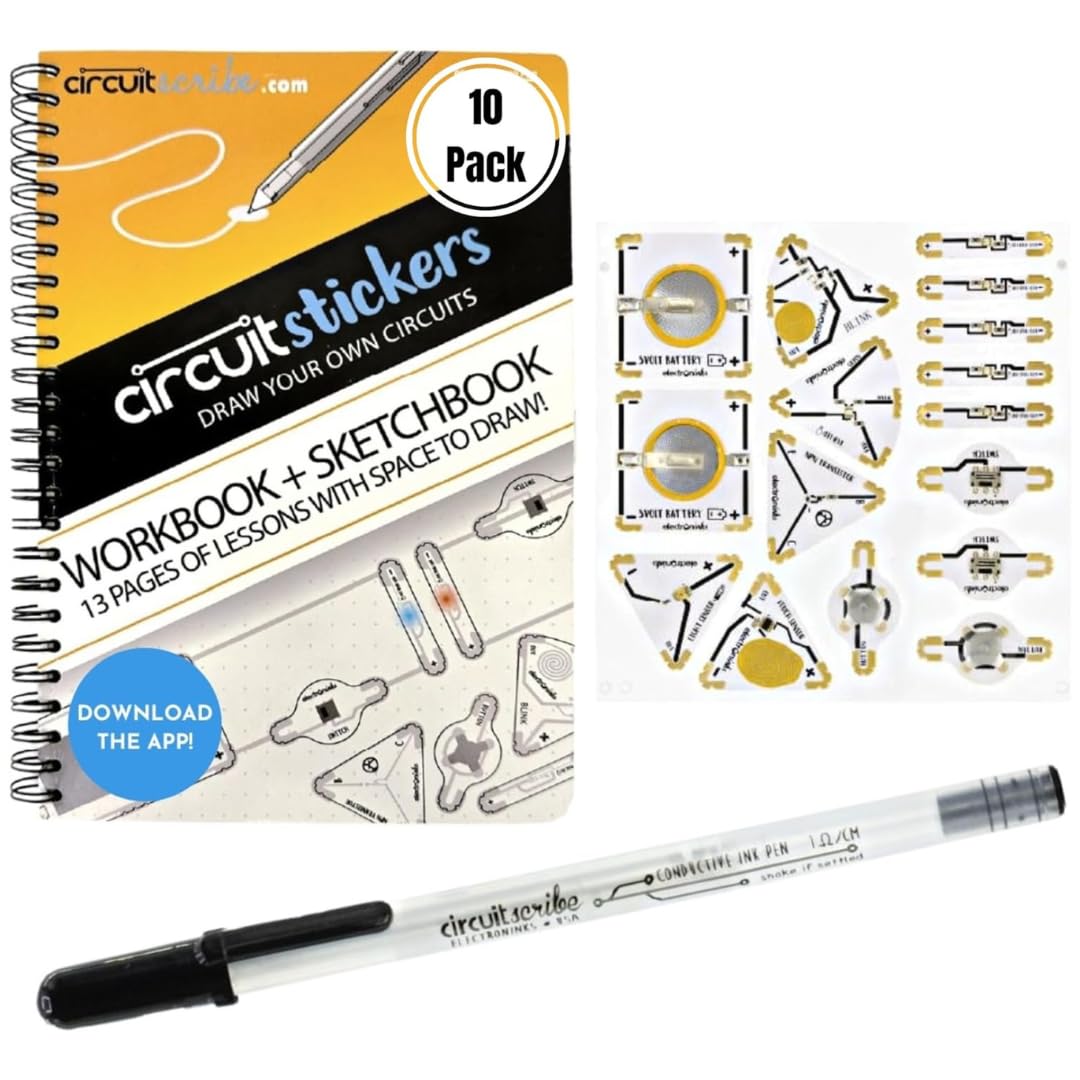 Sticker Kit 10 Pack Classroom Kit | Circuit Drawing Conductive Ink Pen & 11 Electronic Sticker Modules | Workbook with 27 Lessons | Learning & Education STEM | Gift for Inventors