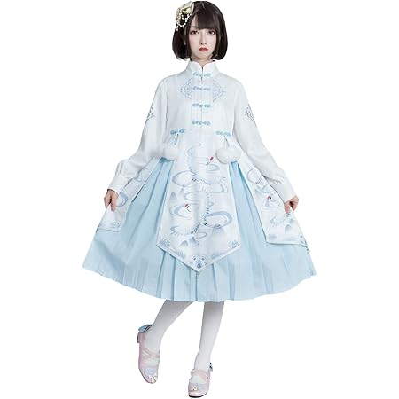 Amazon ロリータ ワンピース 長袖 チャイナ風 中華風 漢服 ロリータ服 森ガール 女の子 姫 ドレス 可愛い ゆめかわいい コスプレ 衣装 写真撮影 ステージ衣装 学園祭 文化祭 イベント 水色 赤 水色 L コスプレ 仮装 通販